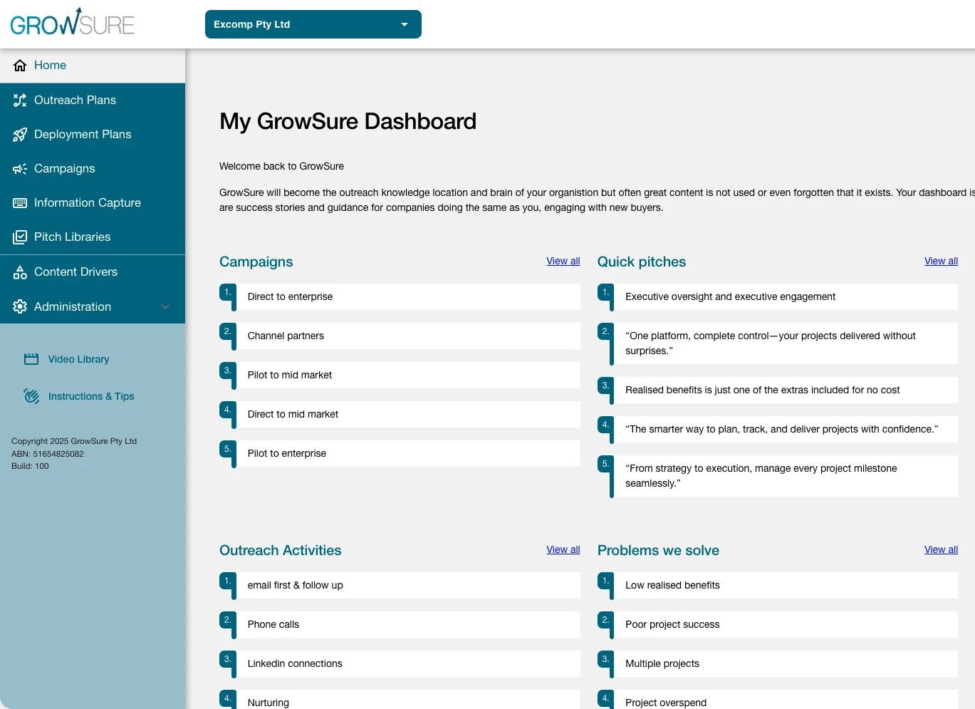 GrowSure dashboard showing Campaigns, Quick pitches, Outreach Activities and Problems we solve
