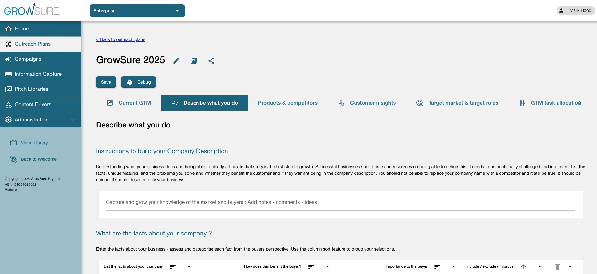 GrowSure workspace capturing company knowledge, customer insights and target markets